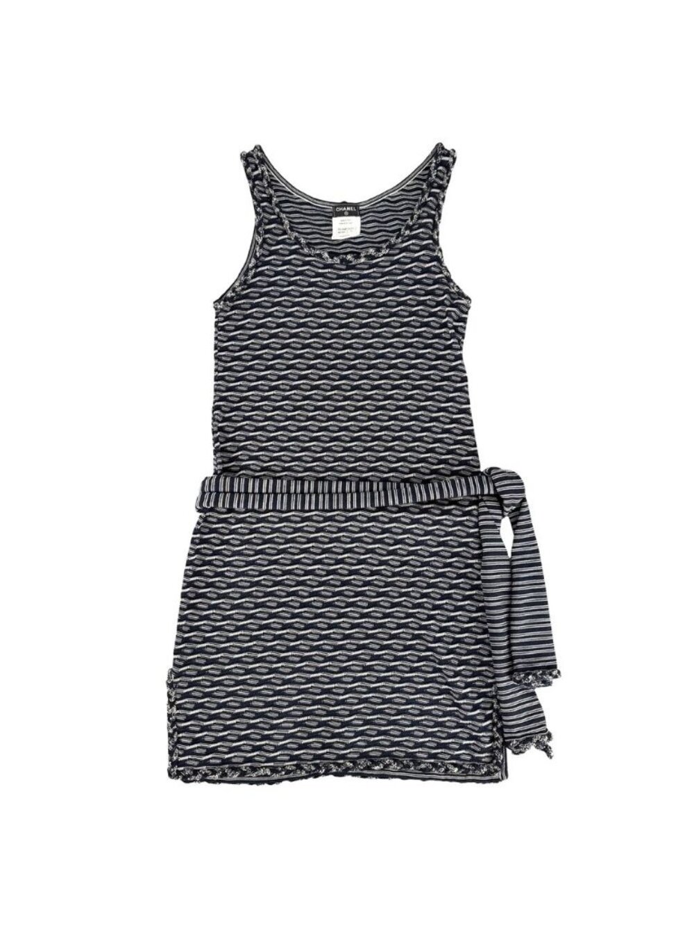 Chanel Dress Sleeveless Tunic CC Logo Navy White Rayon Cotton Polyester 34